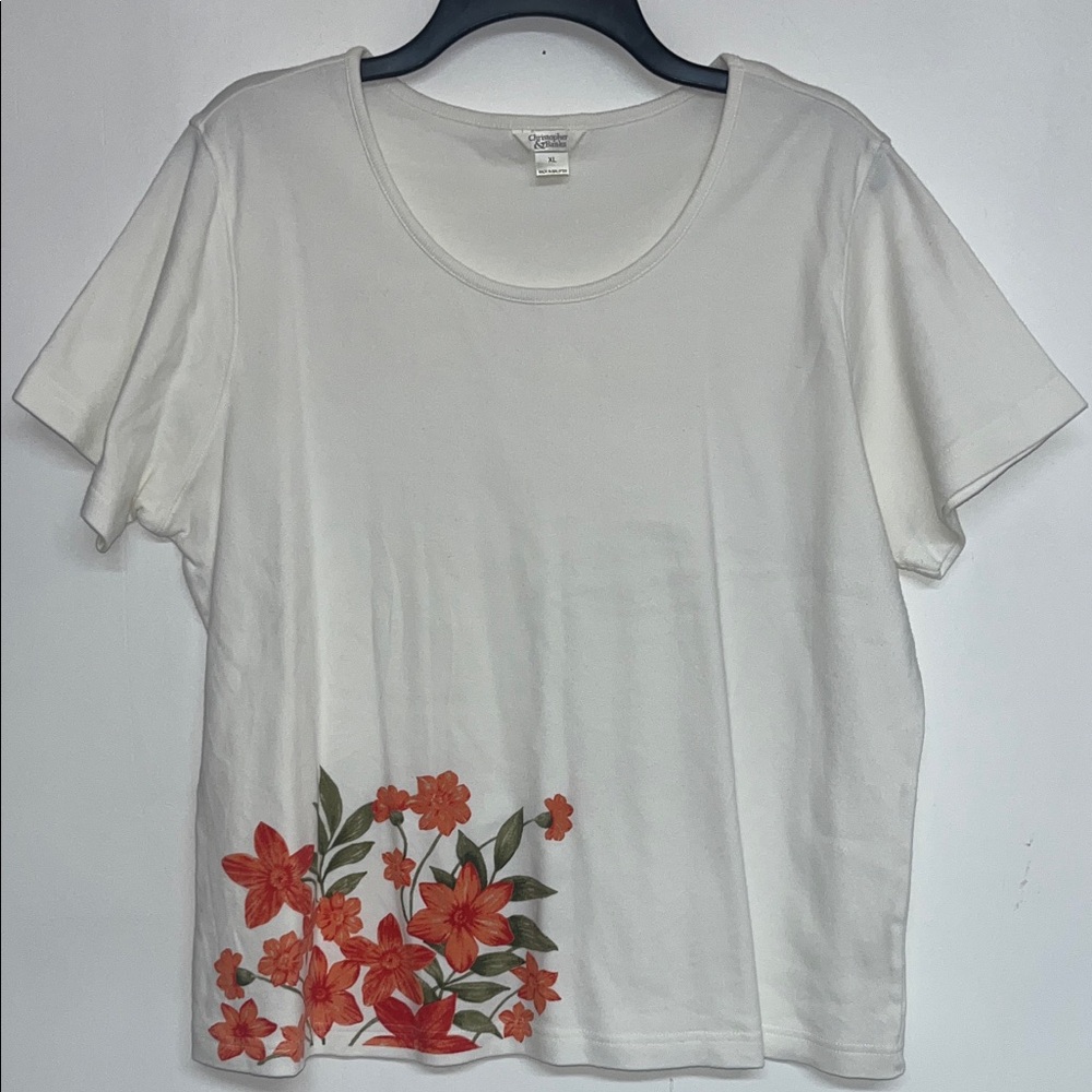 Christopher & Banks Sz XL Women’s White Tee w/ Coral Pink Floral Design #cotton